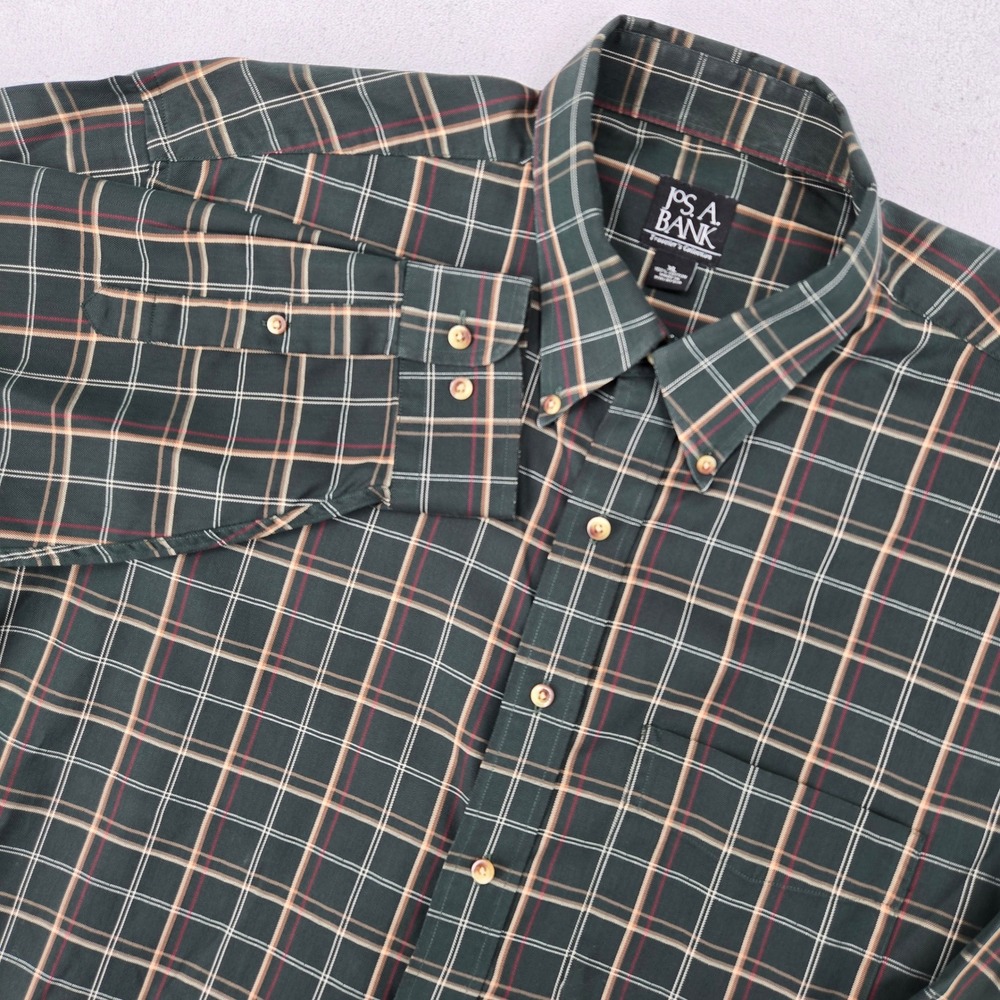 Jos. A. Bank Mens XL Button Down Shirt Green Plaid Traveler's Dark Academia